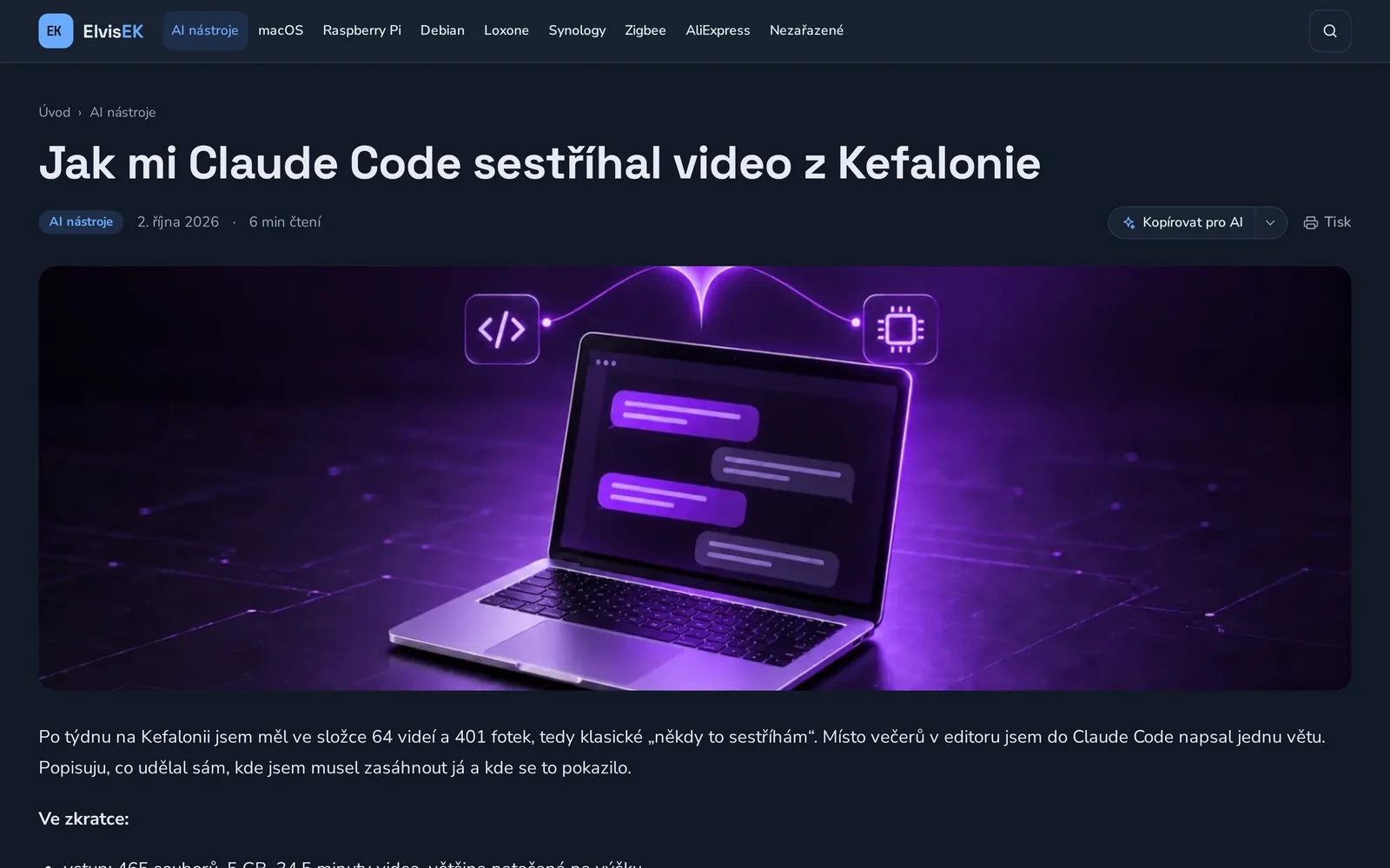 Detail článku v tmavém režimu s tlačítky Kopírovat pro AI a Tisk
