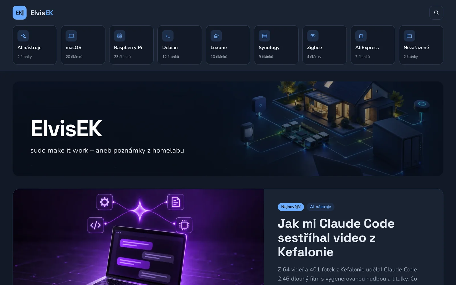 Titulní stránka webu ElvisEK v tmavém režimu
