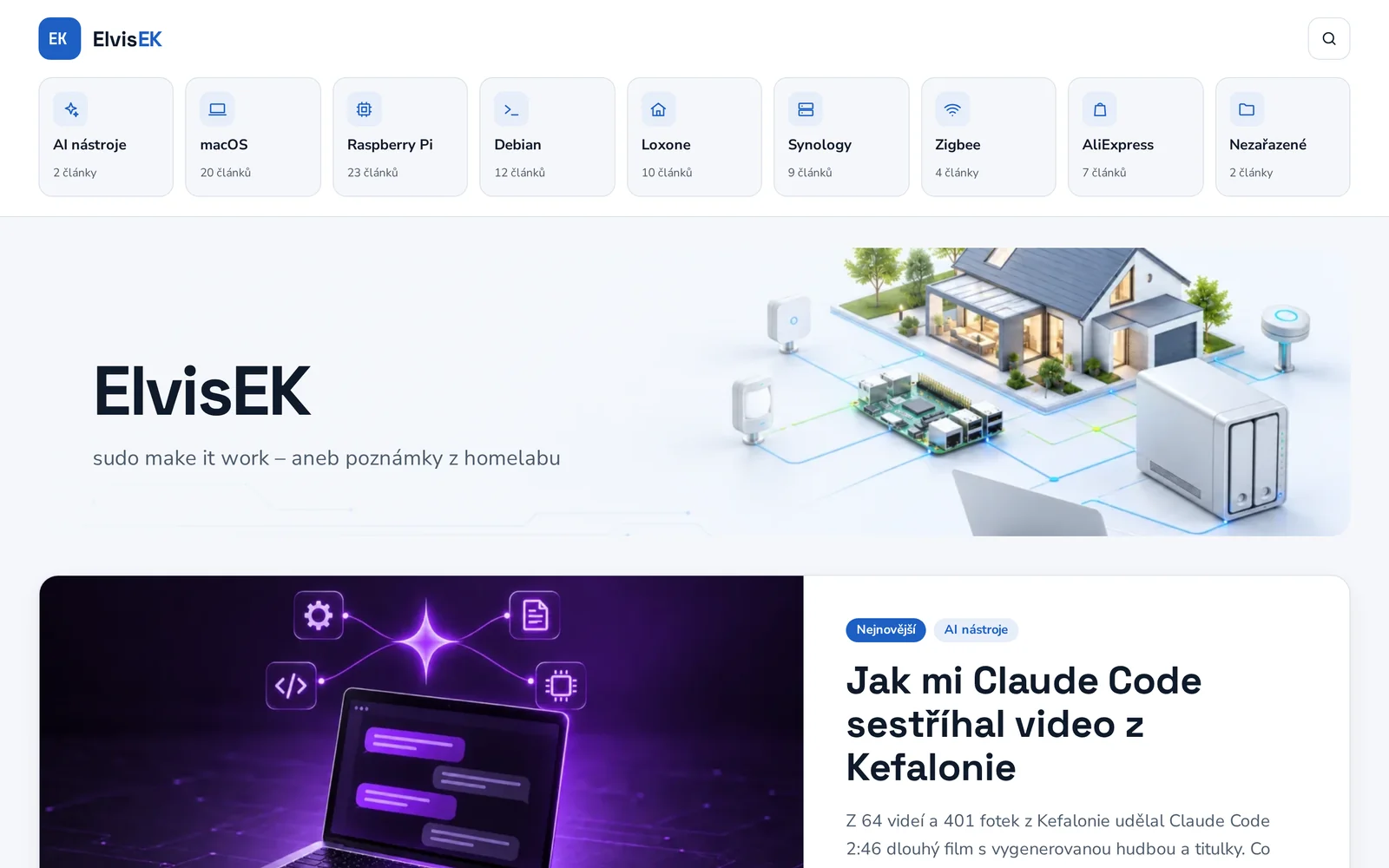 Titulní stránka webu ElvisEK ve světlém režimu: dlaždice rubrik, hlavička s mottem a nejnovější článek